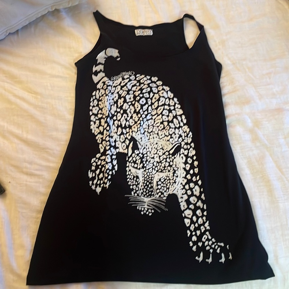 Designer Lauren Modhi Aline tank with tiger print on front in size small